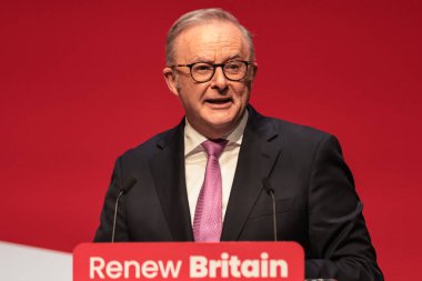 Anthony Albanese Australian Prime Minister speaks during the Labour Party Annual Conference 2025 at The ACC, Liverpool, United Kingdom, 28th September 2025