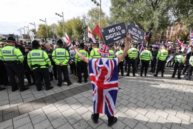 Protesters gather outside the ACC as Merseyside Police attend during the Labour Party Annual Conference 2025 at The ACC, Liverpool, United Kingdom, 28th September 2025