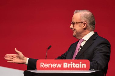 Anthony Albanese Australian Prime Minister speaks during the Labour Party Annual Conference 2025 at The ACC, Liverpool, United Kingdom, 28th September 2025
