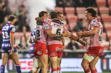 Keanan Brand of Leigh Leopards celebrates his try making it 4-0 during the Betfred Super League play-off Eliminator 1 match Leigh Leopards vs Wakefield Trinity at Progress With Unity Stadium, Leigh, United Kingdom, 26th September 2025 
