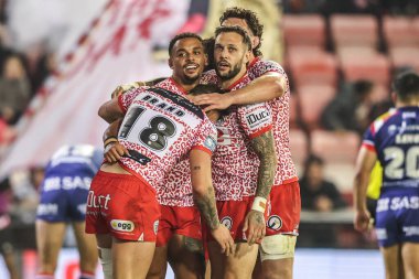 Keanan Brand of Leigh Leopards celebrates his try making it 4-0 during the Betfred Super League play-off Eliminator 1 match Leigh Leopards vs Wakefield Trinity at Progress With Unity Stadium, Leigh, United Kingdom, 26th September 2025