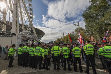 Protesters gather outside the ACC as Merseyside Police attend during the Labour Party Annual Conference 2025 at The ACC, Liverpool, United Kingdom, 28th September 2025 