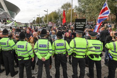Protesters gather outside the ACC as Merseyside Police attend during the Labour Party Annual Conference 2025 at The ACC, Liverpool, United Kingdom, 28th September 2025 
