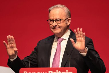 Anthony Albanese Australian Prime Minister speaks during the Labour Party Annual Conference 2025 at The ACC, Liverpool, United Kingdom, 28th September 2025
