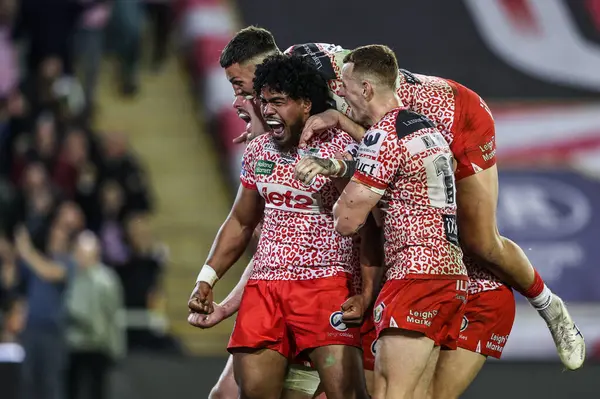 Alec Tuitavake of Leigh Leopards celebrates his try making it 24-4 during the Betfred Super League play-off Eliminator 1 match Leigh Leopards vs Wakefield Trinity at Progress With Unity Stadium, Leigh, United Kingdom, 26th September 2025