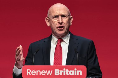 John Healey MP, Defence Secretary addresses Conference during the labour Party Annual Conference 2025 Day 2 at The ACC, Liverpool, United Kingdom, 29th September 2025