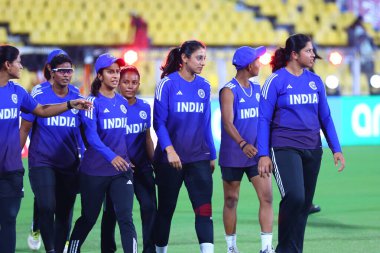 Smriti Mandhana of India, Jemimah Rodrigues of India, Depti Sharma of India warming up together during the ICC Women's World Cup match India Women training at ACA Stadium, Guwahati, India, 29th September 2025