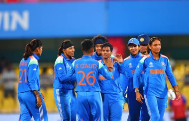 Depti Sharma of India celebrating with team India after bowl out Chamari Athapaththu (captain) of Sri Lanka during the ICC Women's World Cup India Women v Sri Lanka Women at ACA Barsapara Cricket Stadium, Guwahati, India, 30th September 2025