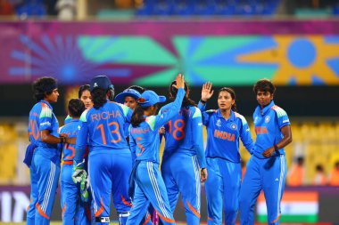 Women's Team India celebrating the win after wining the first match during the ICC Women's World Cup India Women v Sri Lanka Women at ACA Barsapara Cricket Stadium, Guwahati, India, 30th September 2025 