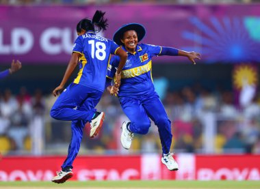 Inoka Ranaweera of Sri Lanka celebrating wicket of Harmanpreet Kaur (Captain) of India during the ICC Women's World Cup India Women v Sri Lanka Women at ACA Barsapara Cricket Stadium, Guwahati, India, 30th September 2025 