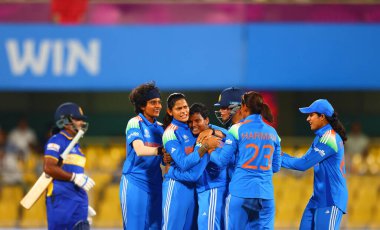 Depti Sharma of India celebrating with team India after bowl ot Chamari Athapaththu (captain) of Sri Lanka during the ICC Women's World Cup India Women v Sri Lanka Women at ACA Barsapara Cricket Stadium, Guwahati, India, 30th September 2025