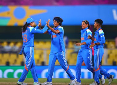 Sree Charani of India celebrating after doing LBW of Harshitha Samarawickrama of Sri Lanka during the ICC Women's World Cup India Women v Sri Lanka Women at ACA Barsapara Cricket Stadium, Guwahati, India, 30th September 2025
