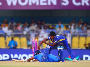 Kavisha Dilhari of Sri Lanka in action trying to stump out Depti Sharma of India during the ICC Women's World Cup India Women v Sri Lanka Women at ACA Barsapara Cricket Stadium, Guwahati, India, 30th September 2025 