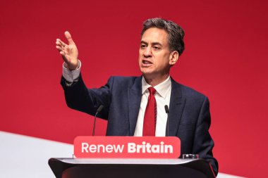 Ed Milliband MP, Secretary of State for Energy Security and Net Zero addresses conference during the Labour Party Annual Conference 2025 Day 4 at ACC, Liverpool, United Kingdom, 1st October 2025 