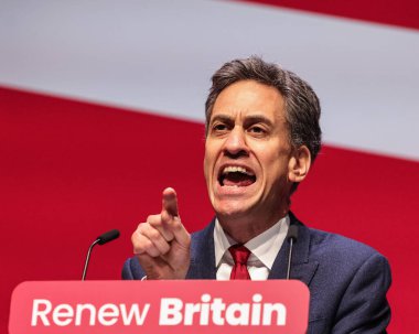 Ed Milliband MP, Secretary of State for Energy Security and Net Zero addresses conference during the Labour Party Annual Conference 2025 Day 4 at ACC, Liverpool, United Kingdom, 1st October 2025 