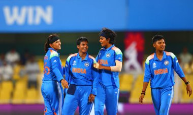 Depti Sharma of India celebrating with team India after bowl ot Chamari Athapaththu (captain) of Sri Lanka during the ICC Women's World Cup India Women v Sri Lanka Women at ACA Barsapara Cricket Stadium, Guwahati, India, 30th September 2025 