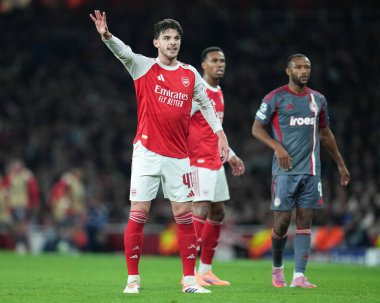 Arsenal 'den Declan Rice UEFA Şampiyonlar Ligi karşılaşmasında Arsenal, Olympiakos FC' ye karşı Emirates Stadyumu, Londra, Birleşik Krallık, 1 Ekim 2025 