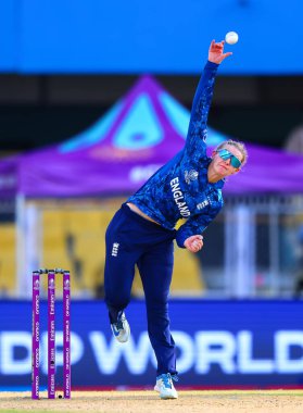 Charlie Dean of England doing bowling during the ICC Women's World Cup match 04 England Women vs South Africa Women at ACA Barsapara Cricket Stadium, Guwahati, Assam / India, 3rd October 2025