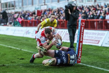 Hull KR 'dan Joe Burgess, 3 Ekim 2025' te İngiltere 'nin Hull kentinde oynanan Sewell Group Craven Park' ta oynanan Betfred Süper Lig Yarı Finali 'nde 12-0 öne geçiyor.