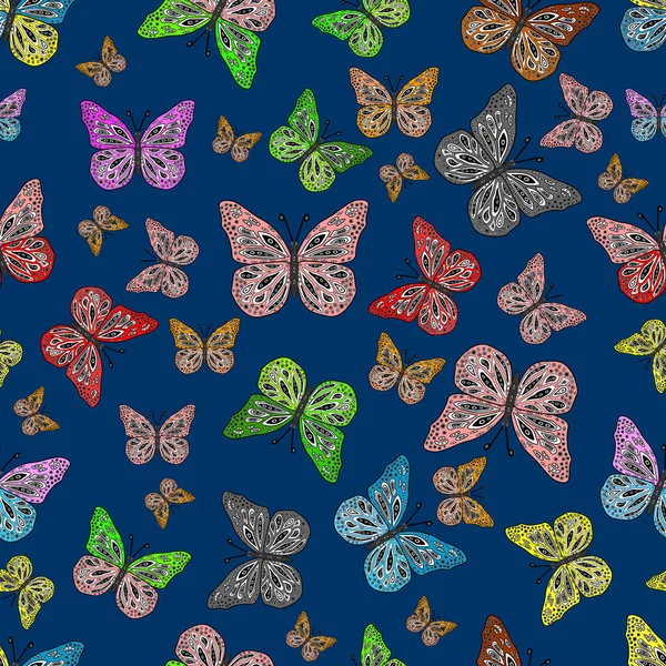 シームレスだ ベクトルイラスト 招待状 カード 印刷のためのシンプルな女性的なパターン ランダムな白 青と緑の蝶かわいいパターン 緑の背景に蝶 — ストックベクタ