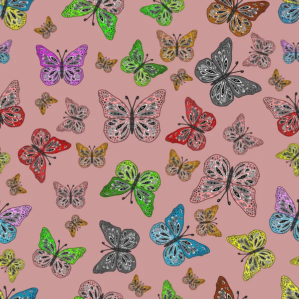 ニュートラル グレーの背景に美しいカラフルな蝶 子供たちはシームレスなパターンを蝶 ベクトルファッション蝶子供のための壁紙 — ストックベクタ