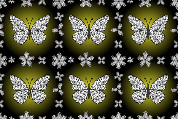 カラフルなロマンチックな蝶のシームレスなパターンの背景 手描きの蝶で装飾 グレー 緑の3色の抽象的な背景 — ストック写真