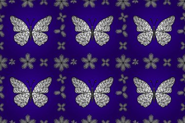 Renkli kelebeklerin kusursuz arka planı. Giysi tasarımı için mavi, beyaz ve siyah arkaplan üzerine dekorasyon. resimleme.