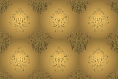 Renkli arkaplanda ilginç karalamalar olan kusursuz desen. Pano. Raster illüstrasyonu. Eski tarz. Altın elementler.