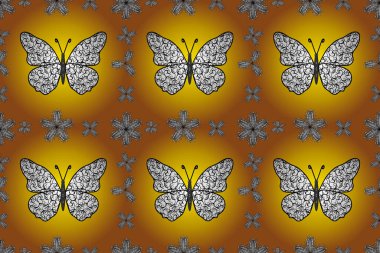 Kelebeklerle parlak, pürüzsüz bir desen. Sarı, turuncu ve beyaz renkli resim. Moda Kumaşı Tasarımı. resimleme.