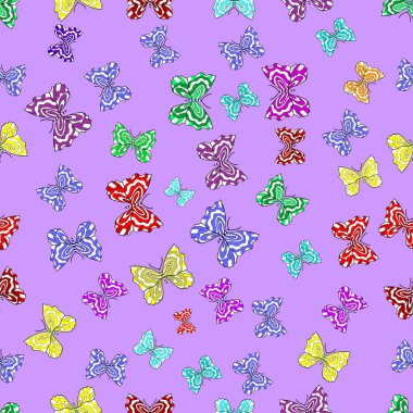 Renkli arkaplanda ilginç karalamalar olan kusursuz desen. Raster illüstrasyonu. Kelebekler.