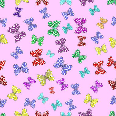 Renkli arkaplanda ilginç karalamalar olan kusursuz desen. Raster illüstrasyonu. Kelebekler.