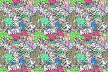 Renkli arkaplanda ilginç karalamalar olan kusursuz desen. Pano. Raster illüstrasyonu.