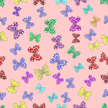Renkli arkaplanda ilginç karalamalar olan kusursuz desen. Vektör çizimi. Kelebekler.