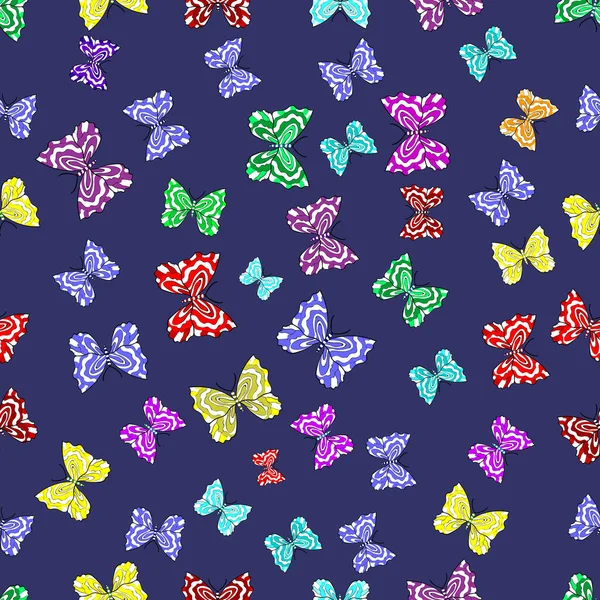 Bezproblémový Vzor Zajímavými Čmáranicemi Barevném Pozadí Vektorová Ilustrace Motýli — Stockový vektor