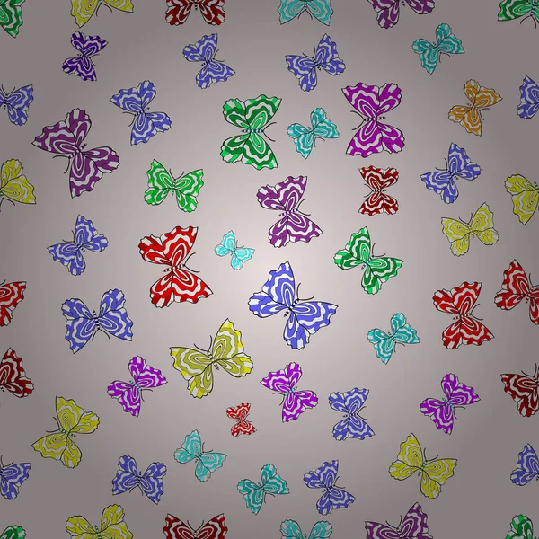 Nahtloses Muster Mit Interessanten Kritzeleien Auf Farbigem Hintergrund Vektorillustration Schmetterlinge — Stockvektor