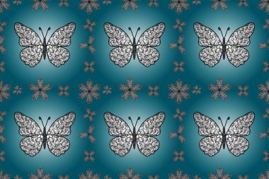 Nakış, egzotik kelebeklerle süslenmiş çiçeksiz desenler. Giysi tasarımı için mavi, beyaz ve siyah arkaplan üzerine geleneksel halk çiçekleri dekoru. Kart ve yazdırma için basit sevimli desen.