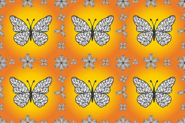 オレンジ 白の背景に蝶とシームレスなパターン 包み紙 壁紙のデザインのためのかわいい背景 — ストック写真
