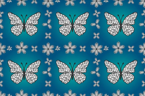 蝴蝶在热带主题上的花纹 用蓝色 白色和黑色的漂亮蝴蝶无缝图案 完美的纺织品 网页背景 表面纹理 — 图库照片
