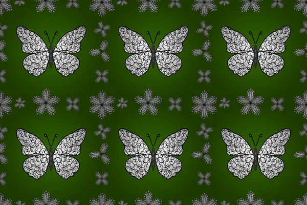 Beautiful fashion pattern with butterflies. Fashion cute fabric design. Illustration in green, white and black colors. Fantasy illustration. illustration.