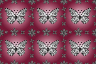 Güzel, pürüzsüz kelebek yineleme dokusu kontrastlı sırt katmanında izole edilmiş. Doğa kelebeği temasını pembe, morumsu ve beyaz renklerle tekrarlıyor. Korunmak için vahşi yaşam böcekleri için arka plan. skeç