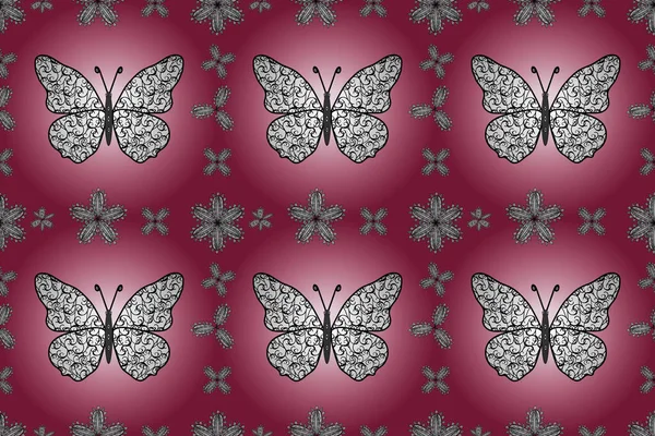 Beautiful seamless butterfly iterative texture isolated on contrast back layer. Nature butterfly repeat theme in pink, magenta and white colors. Wildlife insect fauna backdrop for cover. sketch