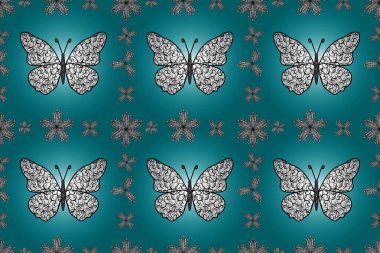 Egzotik Kelebeklerle tropik ve pürüzsüz bir düzen. Moda Kumaşı Tasarımı. Mavi, beyaz ve siyah renkli illüstrasyon.