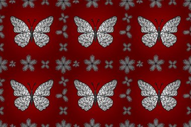 Kelebekli çiçeksiz desen. Kağıt, kumaş ve ambalaj için uygun. Resimler kırmızı, beyaz ve siyah renklerde.