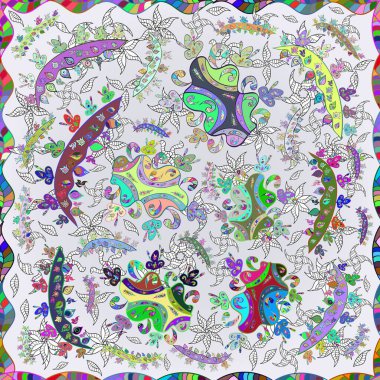 Klasik taslak çizimi. Çiçek izi. Çiçek yeşili, gri ve tarafsız desen.