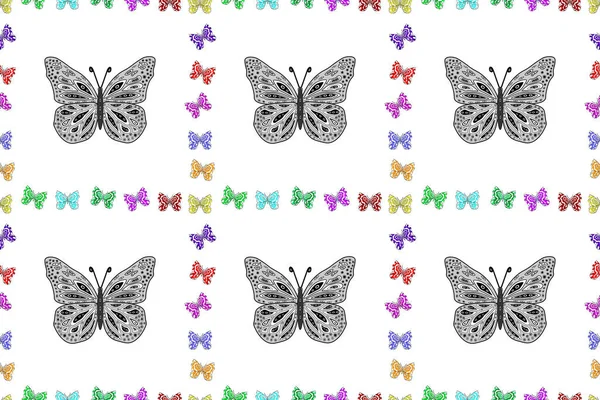 グレー 黒のイラスト ファッションファブリックデザイン エキゾチックな蝶と熱帯シームレスなパターン — ストック写真