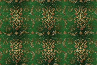 Kusursuz soyut bir arkaplan. Çizim. Doğulu klasik kahverengi, yeşil, bej ve altın desenli.