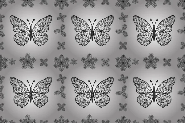 Wiosna Lato Tropikalny Motyl Bezszwowy Wzór Kolorze Białym Czarnym Szarym — Zdjęcie stockowe
