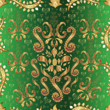 Doğum günü kartı, davetiye ya da afiş için iyidir. Kusursuz ortaçağ çiçek deseni. Yeşil, kahverengi ve bej renklerde altın. Dekoratif simetri arabesk.