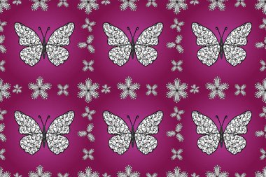 Mor, beyaz ve siyah arkaplandaki suluboya kelebeklerden. Web sayfası geçmişleri, duvar kağıtları, tekstil ve yüzey dokuları için mükemmel. Kusursuz desen.