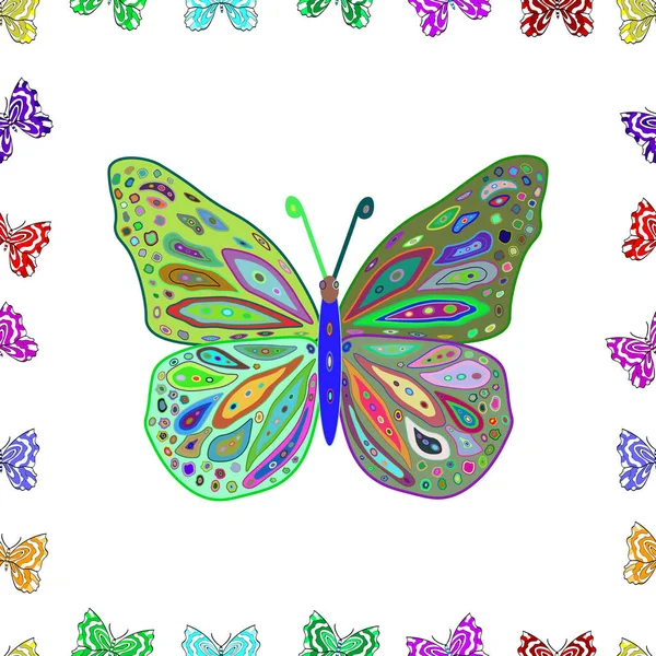 无缝图案 花纹蝴蝶用于纺织品印花 关于蓝色 白色和绿色的说明 — 图库照片